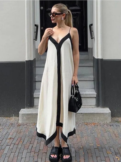 Patchwork Backless Halter Women Sexy V-Neck Elegant Summer 2025 Gown Ladies Slim Casual Dress