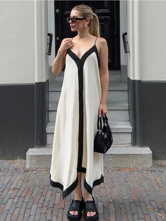 Patchwork Backless Halter Women Sexy V-Neck Elegant Summer 2025 Gown Ladies Slim Casual Dress
