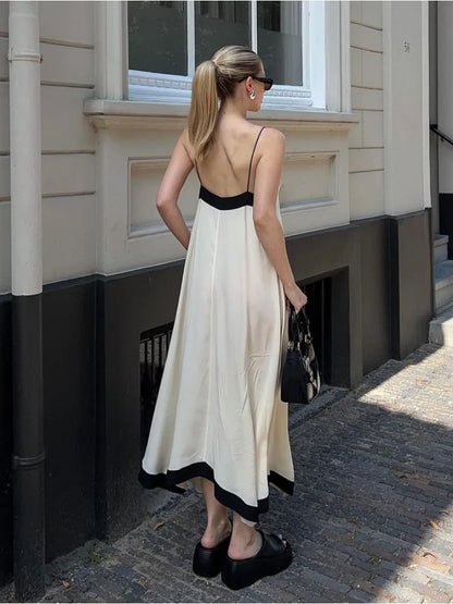 Patchwork Backless Halter Women Sexy V-Neck Elegant Summer 2025 Gown Ladies Slim Casual Dress