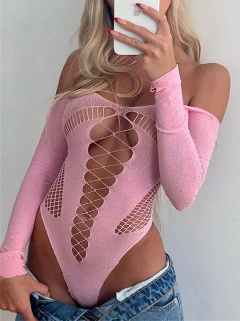 Pink Lace Off-Shoulder Bodysuit Top – Sexy Hollow Out Mesh Sheer Nightclub Lingerie