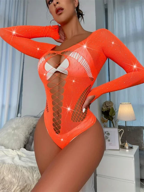 Pink Lace Off-Shoulder Bodysuit Top – Sexy Hollow Out Mesh Sheer Nightclub Lingerie