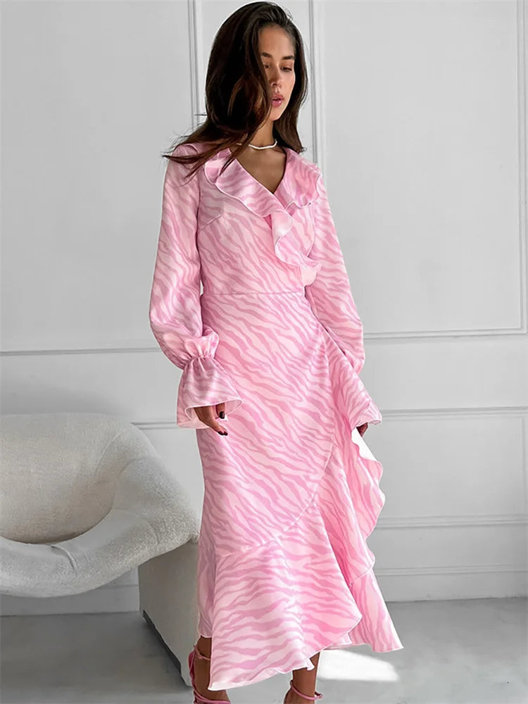 Pink Printed Ruffled Long Dress Women’s Lace-Up Long Sleeve Elegant Contrast Patchwork Party Dress Female Bandage Dress