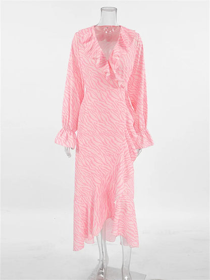 Pink Printed Ruffled Long Dress Women’s Lace-Up Long Sleeve Elegant Contrast Patchwork Party Dress Female Bandage Dress