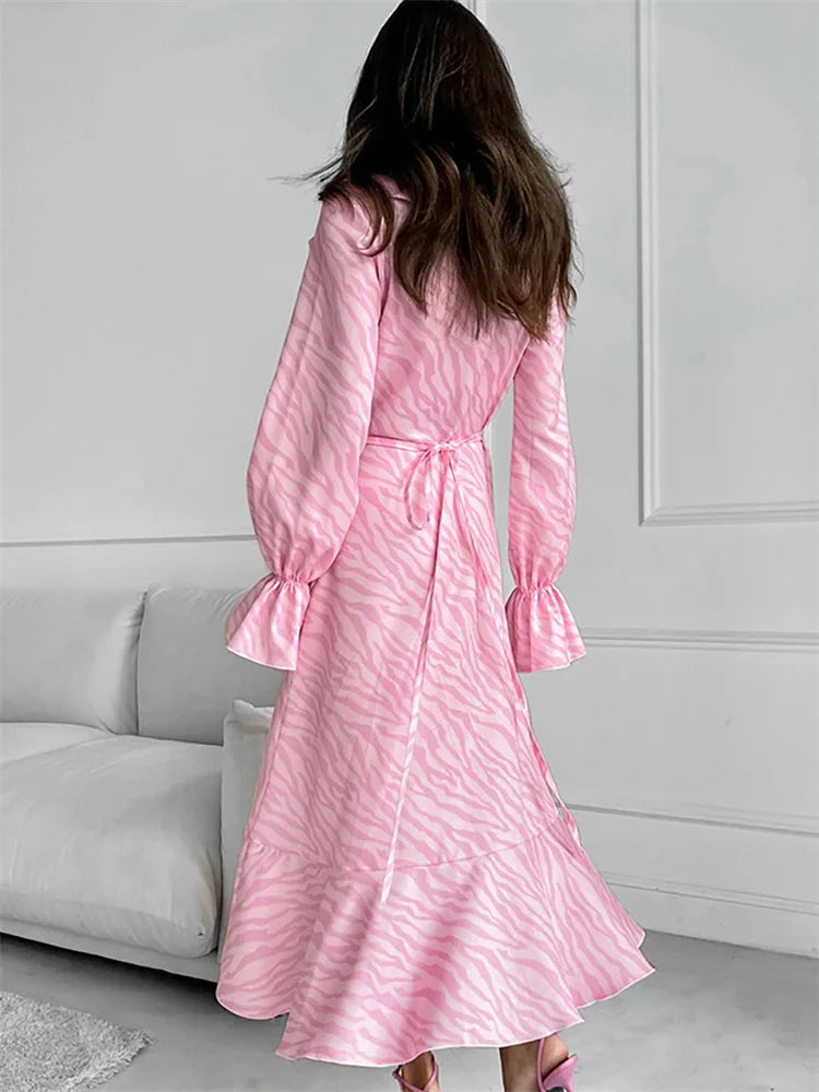 Pink Printed Ruffled Long Dress Women’s Lace-Up Long Sleeve Elegant Contrast Patchwork Party Dress Female Bandage Dress