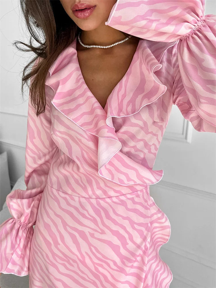 Pink Printed Ruffled Long Dress Women’s Lace-Up Long Sleeve Elegant Contrast Patchwork Party Dress Female Bandage Dress