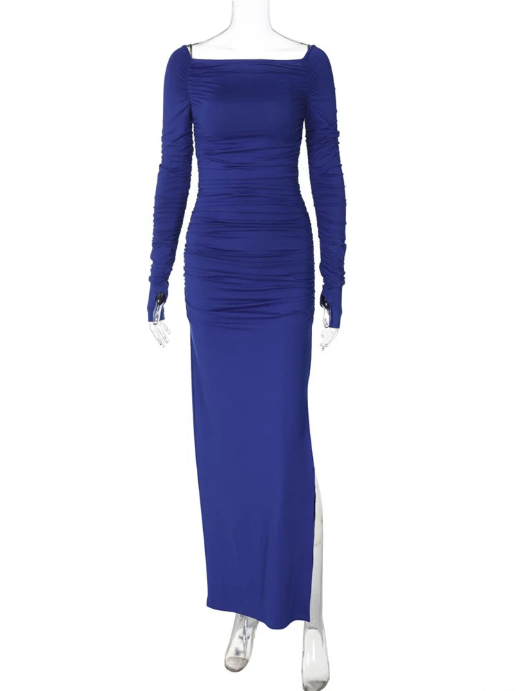 Pleated Fashion Off-Shoulder Maxi Dress For Women Slim High Waist Solid Long Sleeve Sexy Dress Female Party Long Dress New