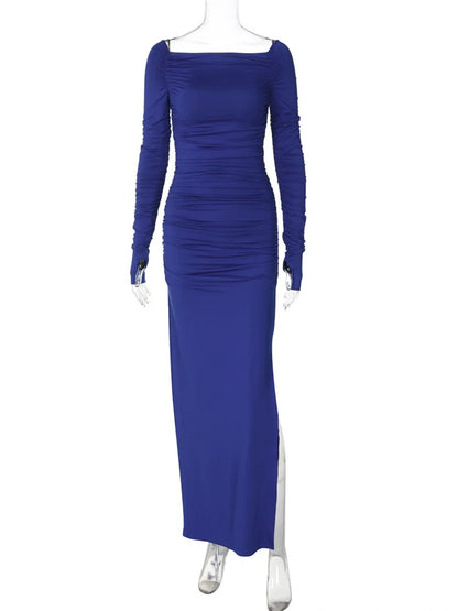 Pleated Fashion Off-Shoulder Maxi Dress For Women Slim High Waist Solid Long Sleeve Sexy Dress Female Party Long Dress New