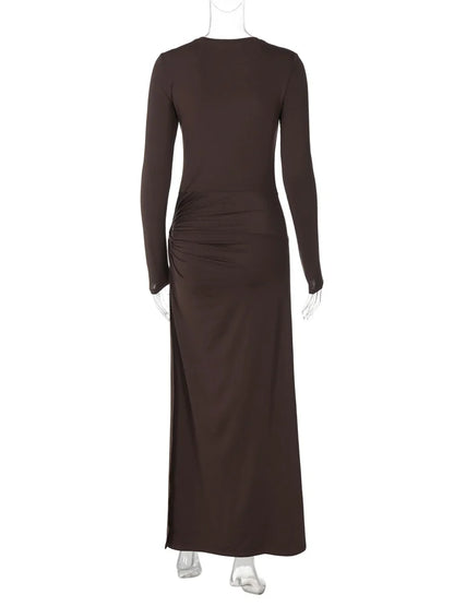 Pleated Skinny Sexy Maxi Dress Women’s High Split Fashion Long Sleeve Patchwork Hollow Out Dress Female Solid Long Dress