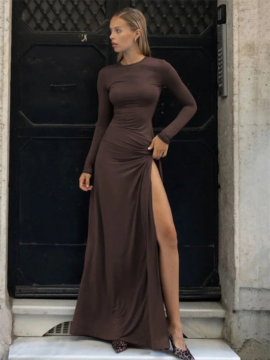 Pleated Skinny Sexy Maxi Dress Women’s High Split Fashion Long Sleeve Patchwork Hollow Out Dress Female Solid Long Dress