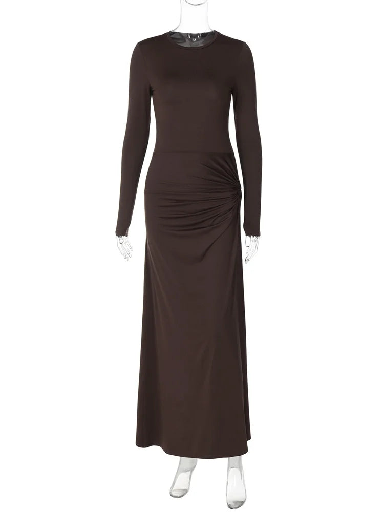 Pleated Skinny Sexy Maxi Dress Women’s High Split Fashion Long Sleeve Patchwork Hollow Out Dress Female Solid Long Dress