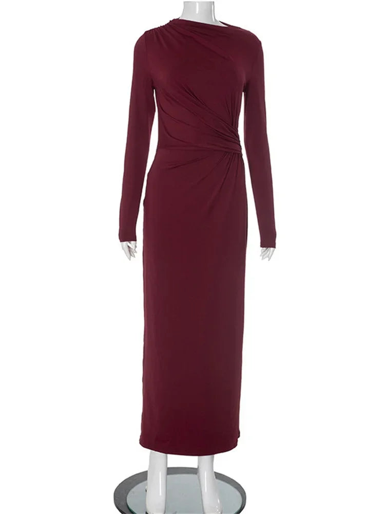 Pleated Slim Fashion Maxi Dress For Women Elegant High Waist Long Sleeve Bandage Autumn Dress Ladies Patchwork Long Dress