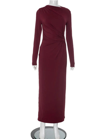 Pleated Slim Fashion Maxi Dress For Women Elegant High Waist Long Sleeve Bandage Autumn Dress Ladies Patchwork Long Dress