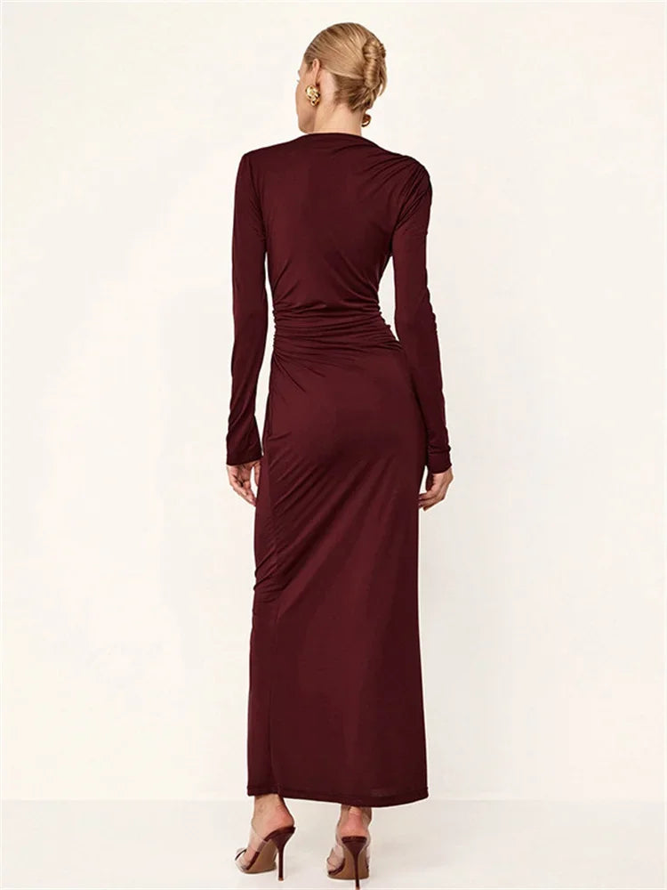 Pleated Slim Fashion Maxi Dress For Women Elegant High Waist Long Sleeve Bandage Autumn Dress Ladies Patchwork Long Dress