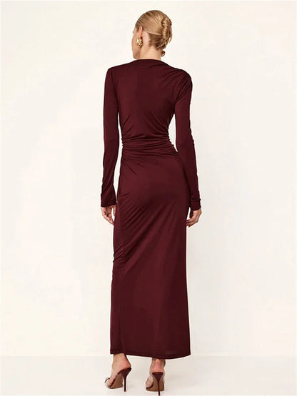Pleated Slim Fashion Maxi Dress For Women Elegant High Waist Long Sleeve Bandage Autumn Dress Ladies Patchwork Long Dress