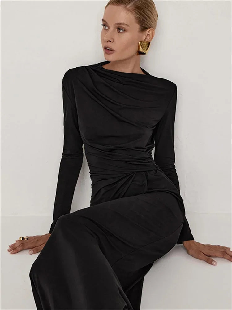 Pleated Slim Fashion Maxi Dress For Women Elegant High Waist Long Sleeve Bandage Autumn Dress Ladies Patchwork Long Dress