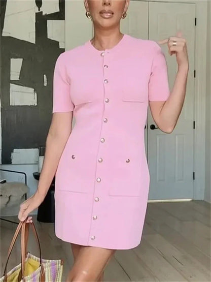 Pocket Knit Female Mini Dress Autumn  Ribbed High Waist Fashion Patchwork Elegant Party Dress Knitwear Cardigan Dress