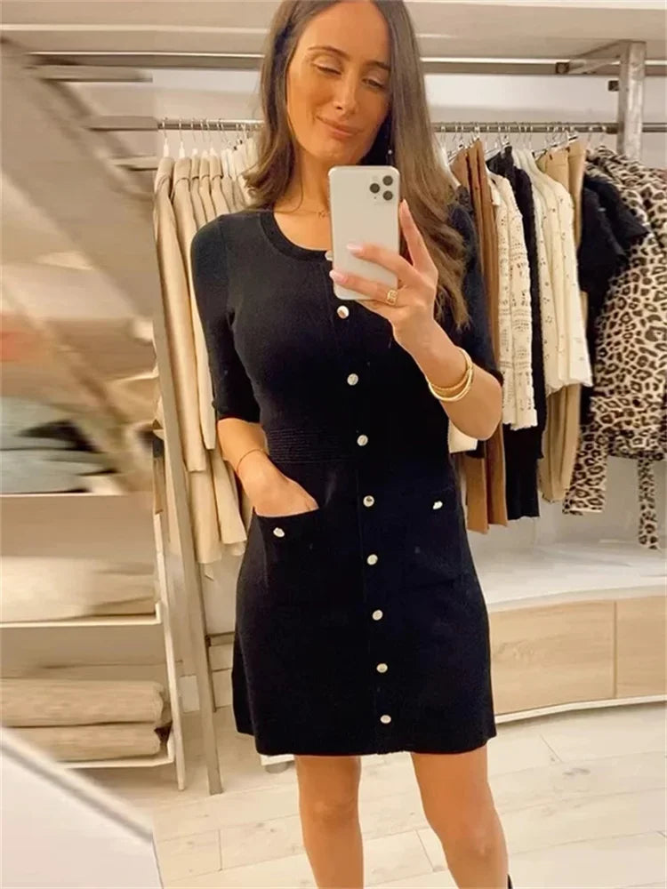 Pocket Knit Female Mini Dress Autumn  Ribbed High Waist Fashion Patchwork Elegant Party Dress Knitwear Cardigan Dress