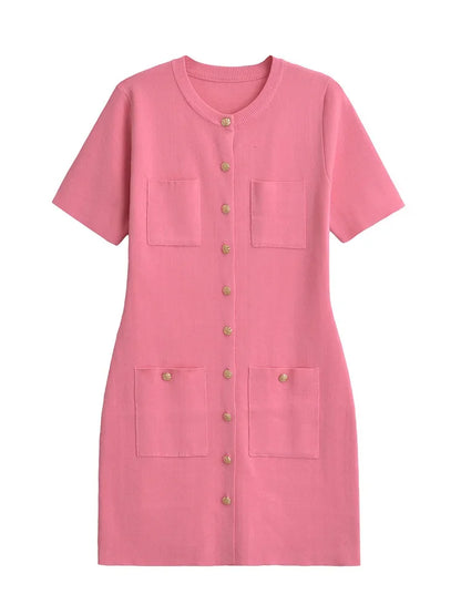 Pocket Knit Female Mini Dress Autumn  Ribbed High Waist Fashion Patchwork Elegant Party Dress Knitwear Cardigan Dress