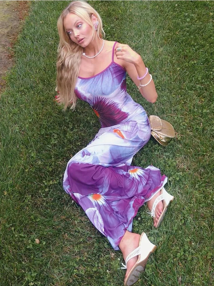 Printed Contrast Spaghetti Dress Female Backless High Waist Patchwork Summer  Elegant Maxi Dress Women Halter Dresses