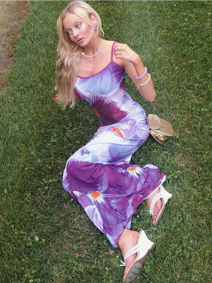 Printed Contrast Spaghetti Dress Female Backless High Waist Patchwork Summer  Elegant Maxi Dress Women Halter Dresses
