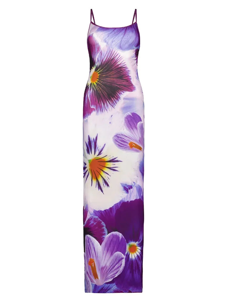 Printed Contrast Spaghetti Dress Female Backless High Waist Patchwork Summer  Elegant Maxi Dress Women Halter Dresses