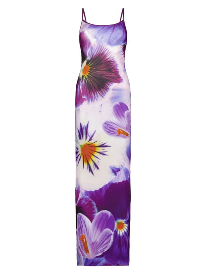 Printed Contrast Spaghetti Dress Female Backless High Waist Patchwork Summer  Elegant Maxi Dress Women Halter Dresses