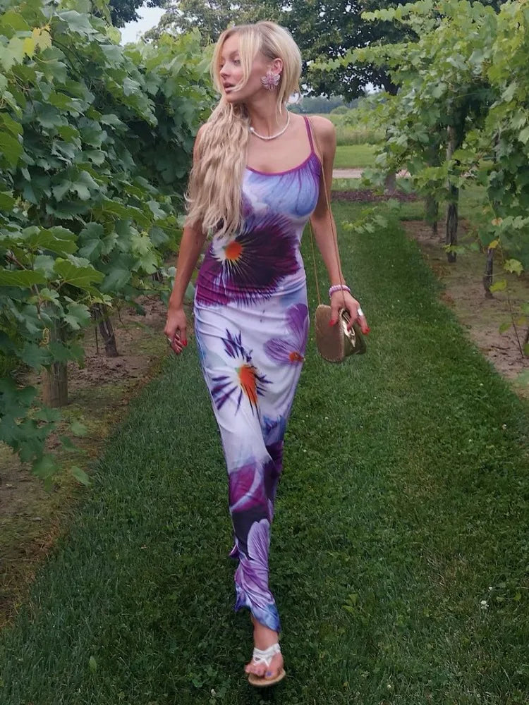 Printed Contrast Spaghetti Dress Female Backless High Waist Patchwork Summer  Elegant Maxi Dress Women Halter Dresses