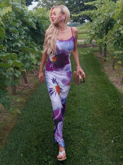 Printed Contrast Spaghetti Dress Female Backless High Waist Patchwork Summer  Elegant Maxi Dress Women Halter Dresses