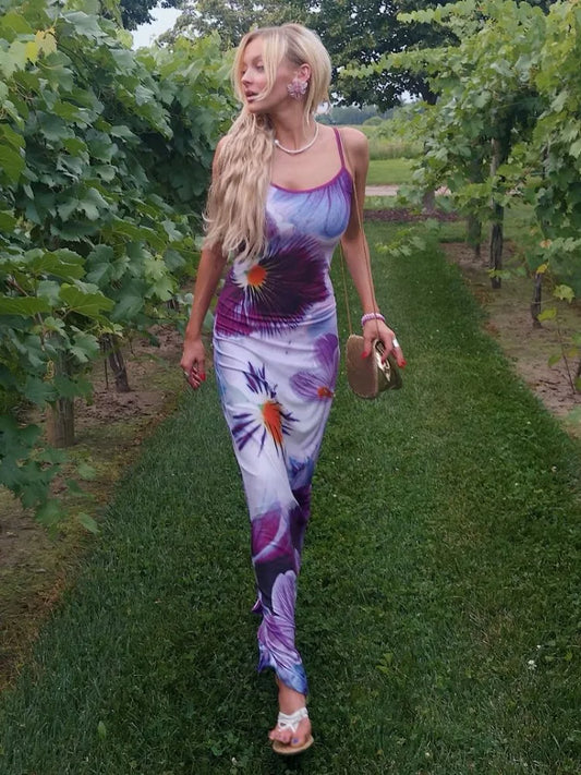 Printed Contrast Spaghetti Dress Female Backless High Waist Patchwork Summer  Elegant Maxi Dress Women Halter Dresses