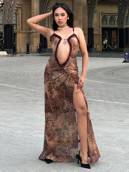 FashionSierra - Women Printed Navel-Baring Side Split Lady Strap Casual Dress
