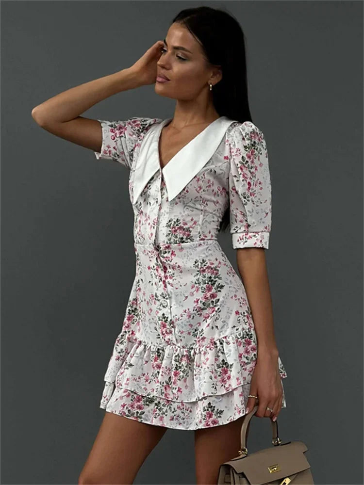 Printed Ruffled V-Neck Mini Dress Female Short Sleeve Fashion Slim High Waist Elegant Party Dress Women’s Summer Dress New