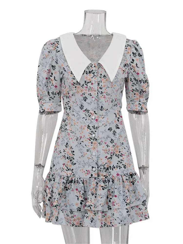 Printed Ruffled V-Neck Mini Dress Female Short Sleeve Fashion Slim High Waist Elegant Party Dress Women’s Summer Dress New