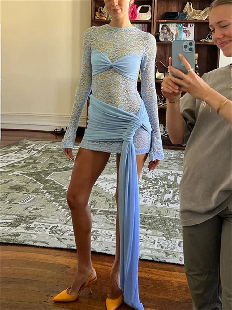 Printed See-Through Sexy Mini Dress Female Bandage Long Sleeve Lace Patchwork Hollow Out Contrast Dress Women’s Clothes