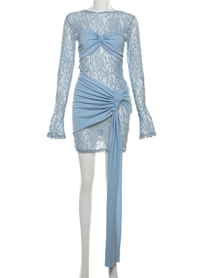 Printed See-Through Sexy Mini Dress Female Bandage Long Sleeve Lace Patchwork Hollow Out Contrast Dress Women’s Clothes