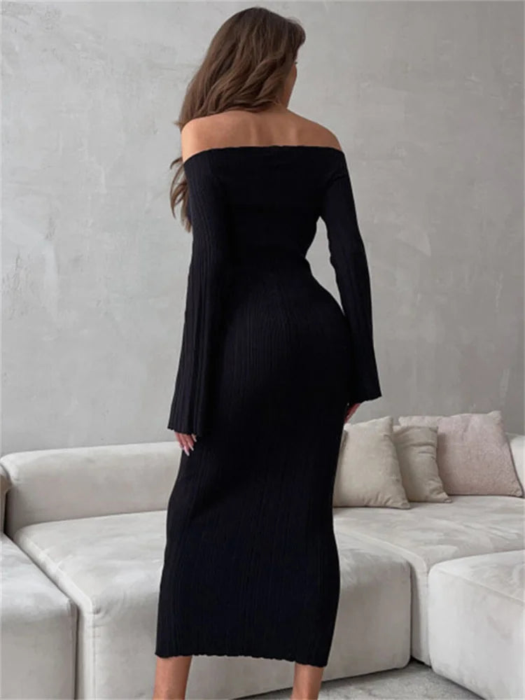 Ribbed Off-Shoulder Knit Long Dress For Women Slim Elegant Long Sleeve High Waist Backless Dress Knitwear Loose Maxi Dress