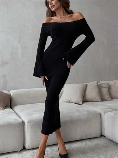 Ribbed Off-Shoulder Knit Long Dress For Women Slim Elegant Long Sleeve High Waist Backless Dress Knitwear Loose Maxi Dress