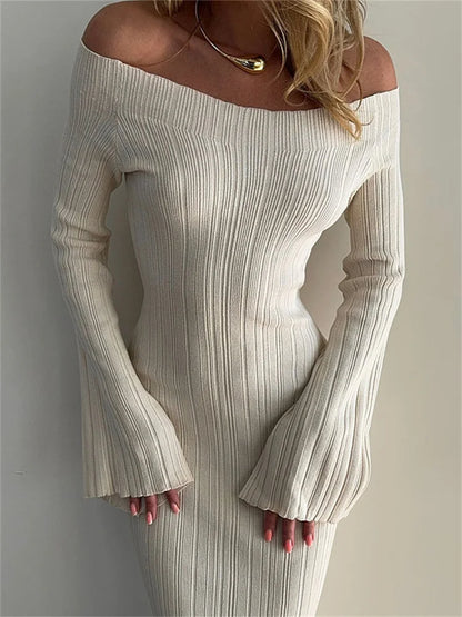Ribbed Off-Shoulder Knit Long Dress For Women Slim Elegant Long Sleeve High Waist Backless Dress Knitwear Loose Maxi Dress