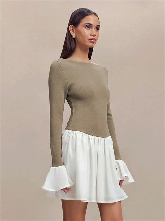 Ruffled Contrast Casual Mini Dress Women&#8217;s Patchwork High Waist Elegant Fashion Party Dress  Female Y2k Mini Dress New