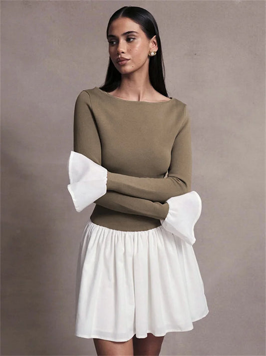 Ruffled Contrast Casual Mini Dress Women&#8217;s Patchwork High Waist Elegant Fashion Party Dress  Female Y2k Mini Dress New