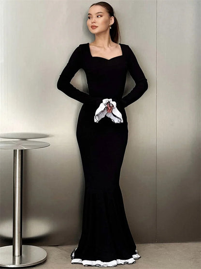 Ruffled Fashion Elegant Long Dress For Women High Waist Square Collar Patchwork Slim Solid Party Dress Female Maxi Dress