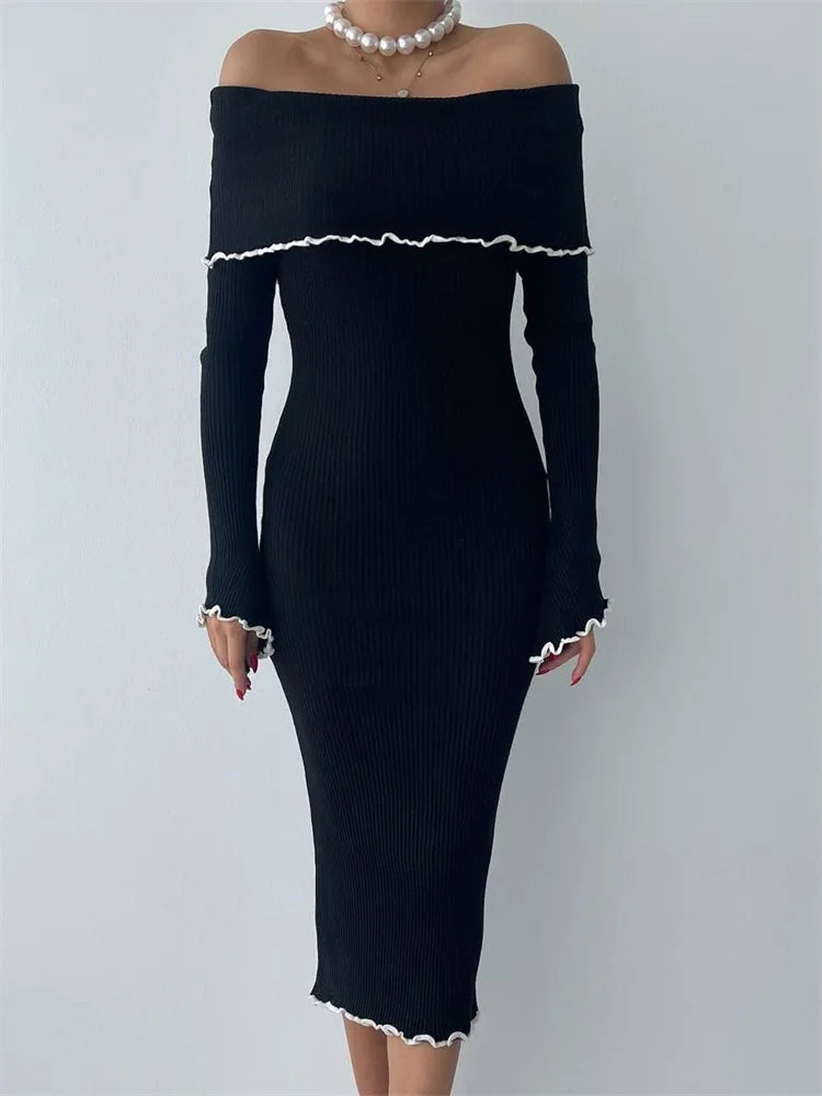 Ruffled Slim Knit Dress Women’s Backless Long Sleeve Bandeau Contrast Autumn  Party Dress Fashion Knitwear Maxi Dress
