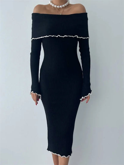 Ruffled Slim Knit Dress Women’s Backless Long Sleeve Bandeau Contrast Autumn  Party Dress Fashion Knitwear Maxi Dress
