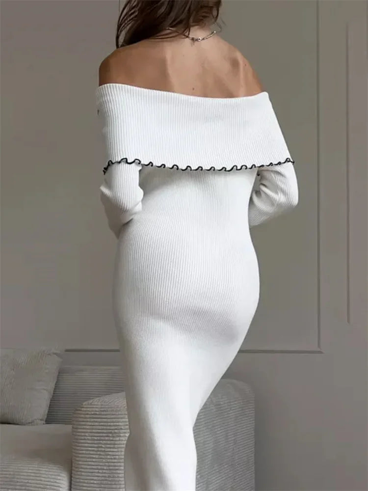 Ruffled Slim Knit Dress Women’s Backless Long Sleeve Bandeau Contrast Autumn  Party Dress Fashion Knitwear Maxi Dress