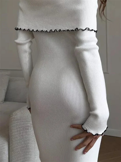 Ruffled Slim Knit Dress Women’s Backless Long Sleeve Bandeau Contrast Autumn  Party Dress Fashion Knitwear Maxi Dress
