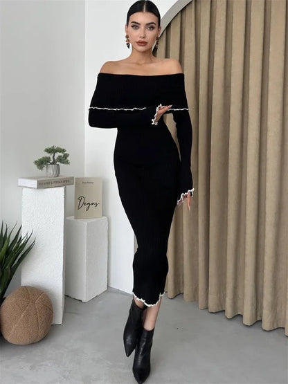 Ruffled Slim Knit Dress Women’s Backless Long Sleeve Bandeau Contrast Autumn  Party Dress Fashion Knitwear Maxi Dress