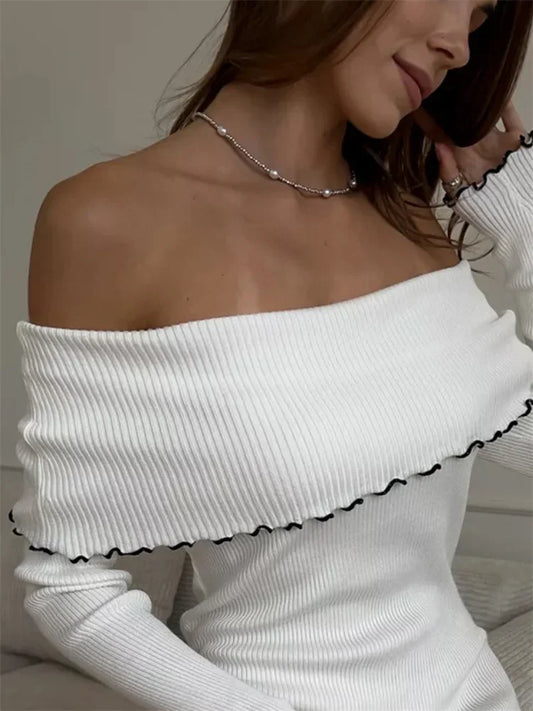 Ruffled Slim Knit Dress Women’s Backless Long Sleeve Bandeau Contrast Autumn  Party Dress Fashion Knitwear Maxi Dress