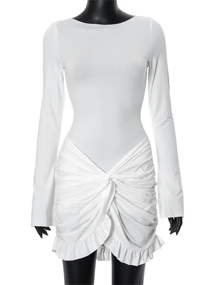Ruffled Twist Skinny MIni Dress Women’s Long Sleeve Patchwork High Waist Sexy Fashion Party Dress Female Y2k Bodycon Dress
