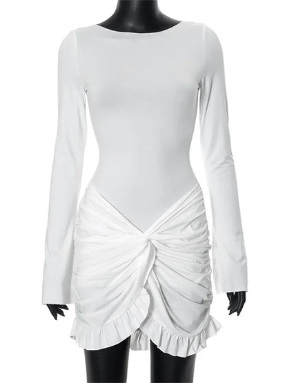 Ruffled Twist Skinny MIni Dress Women’s Long Sleeve Patchwork High Waist Sexy Fashion Party Dress Female Y2k Bodycon Dress