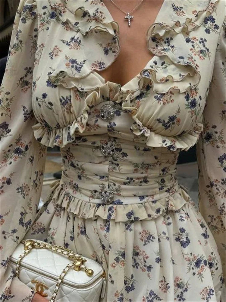 Ruffled V-Neck Printed Mini Dress Female Bandage Autumn Fashion Lace-Up Contrast Drawstring Dress For Women Party Dress