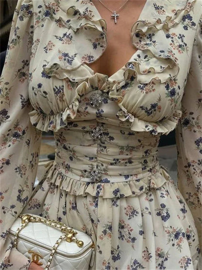 Ruffled V-Neck Printed Mini Dress Female Bandage Autumn Fashion Lace-Up Contrast Drawstring Dress For Women Party Dress